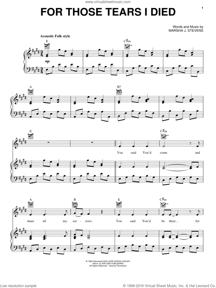 For Those Tears I Died sheet music for voice, piano or guitar by Children Of The Day and Marsha J. Stevens, intermediate skill level