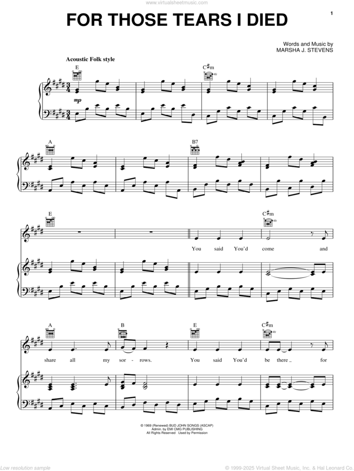 For Those Tears I Died sheet music for voice, piano or guitar by Children Of The Day and Marsha J. Stevens, intermediate skill level