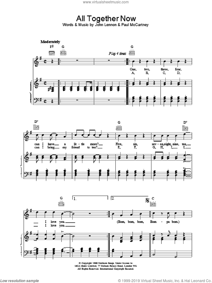 All Together Now sheet music for voice, piano or guitar by The Beatles, intermediate skill level