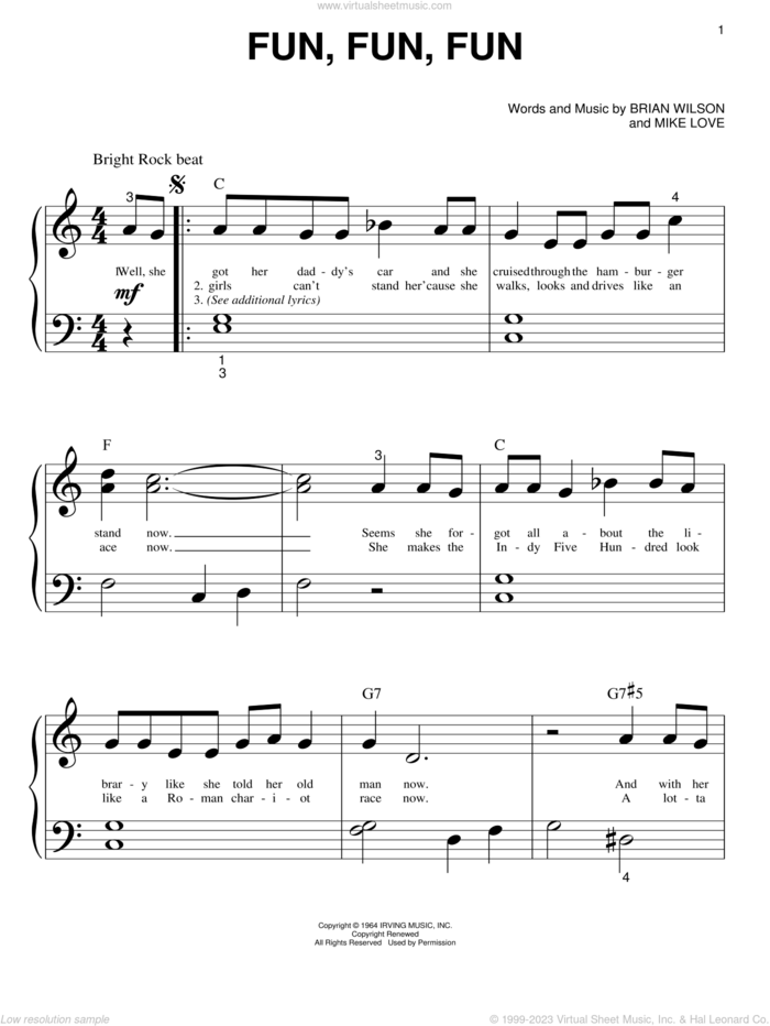Fun, Fun, Fun sheet music for piano solo (big note book) by The Beach Boys, Brian Wilson and Mike Love, easy piano (big note book)