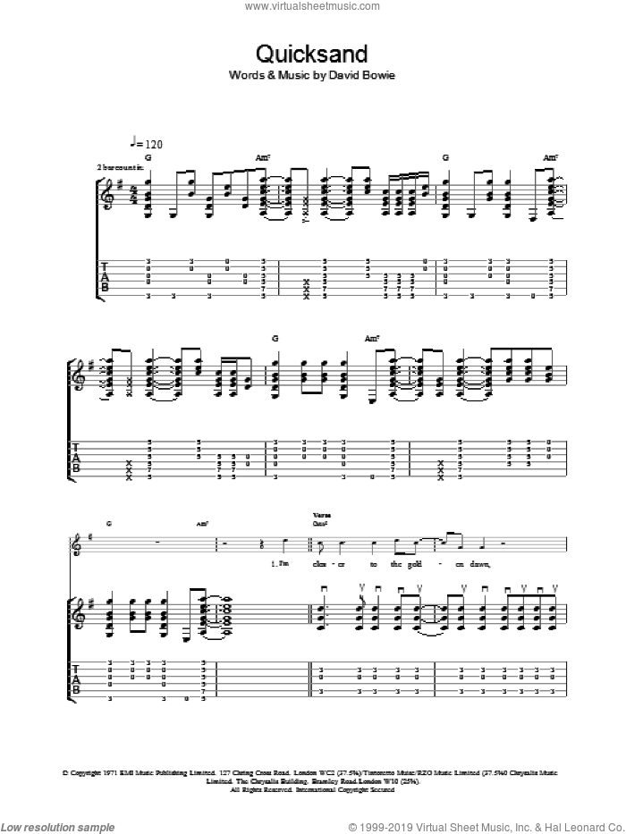 Quicksand sheet music for guitar (tablature) by David Bowie, intermediate skill level