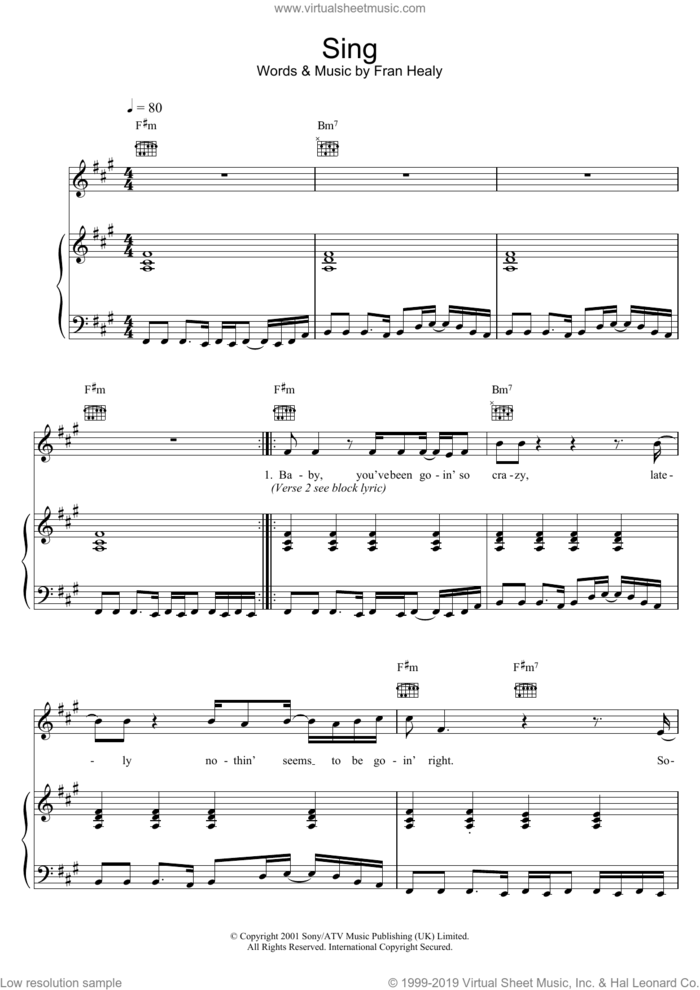 Sing sheet music for voice, piano or guitar by Merle Travis and Fran Healy, intermediate skill level