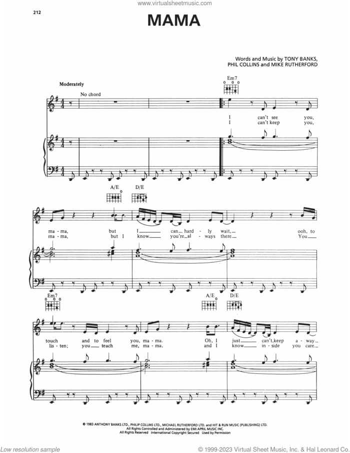 Mama sheet music for voice, piano or guitar by Genesis, Mike Rutherford, Phil Collins and Tony Banks, intermediate skill level