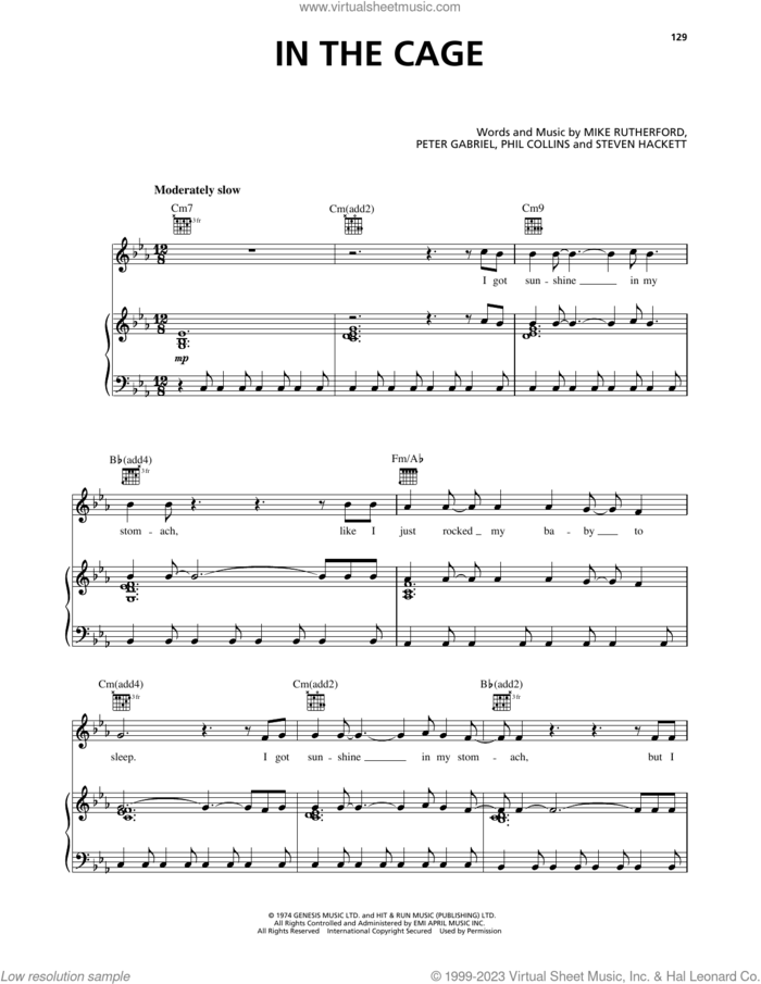 In The Cage sheet music for voice, piano or guitar by Genesis, Mike Rutherford, Peter Gabriel, Phil Collins and Steven Hackett, intermediate skill level