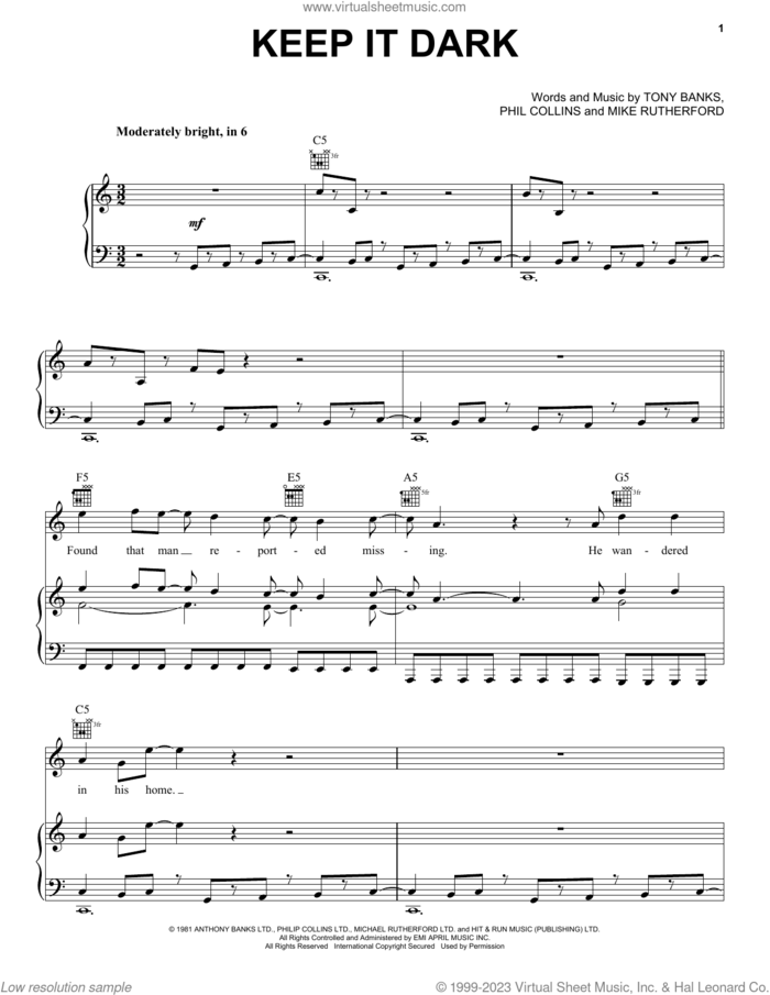 Keep It Dark sheet music for voice, piano or guitar by Genesis, Mike Rutherford, Phil Collins and Tony Banks, intermediate skill level