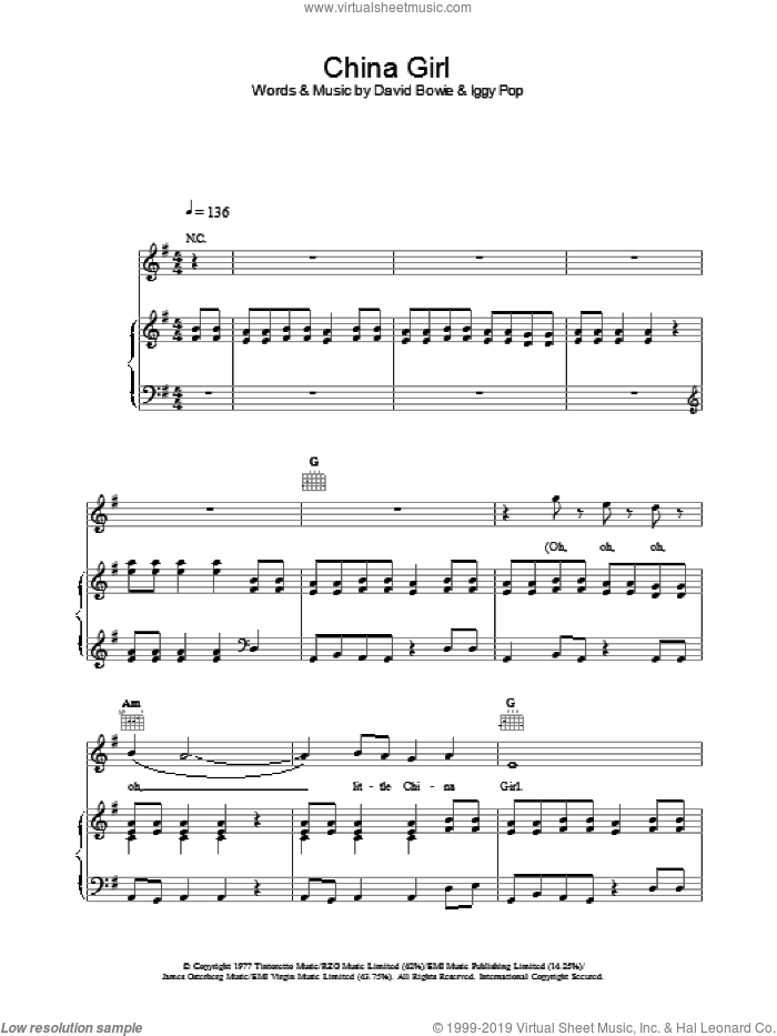 China Girl sheet music for voice, piano or guitar by David Bowie, intermediate skill level