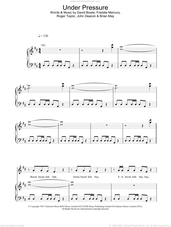 Under Pressure sheet music for voice, piano or guitar by David Bowie, Queen and Queen & David Bowie, intermediate skill level
