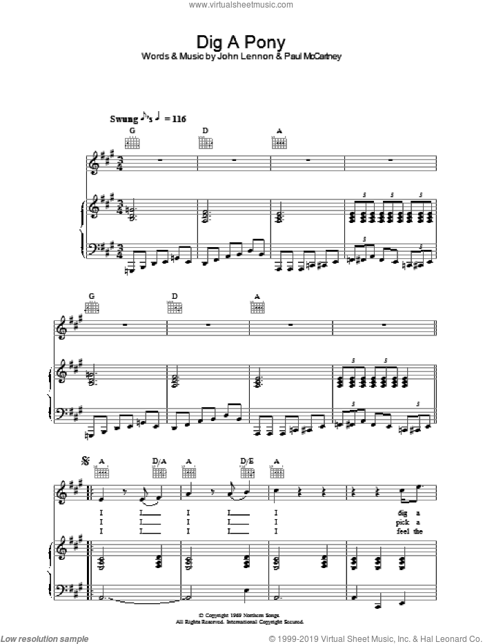 Dig A Pony sheet music for voice, piano or guitar by The Beatles, John Lennon and Paul McCartney, intermediate skill level