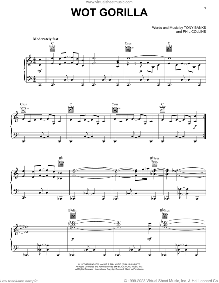 Wot Gorilla sheet music for piano solo by Genesis, Phil Collins and Tony Banks, intermediate skill level
