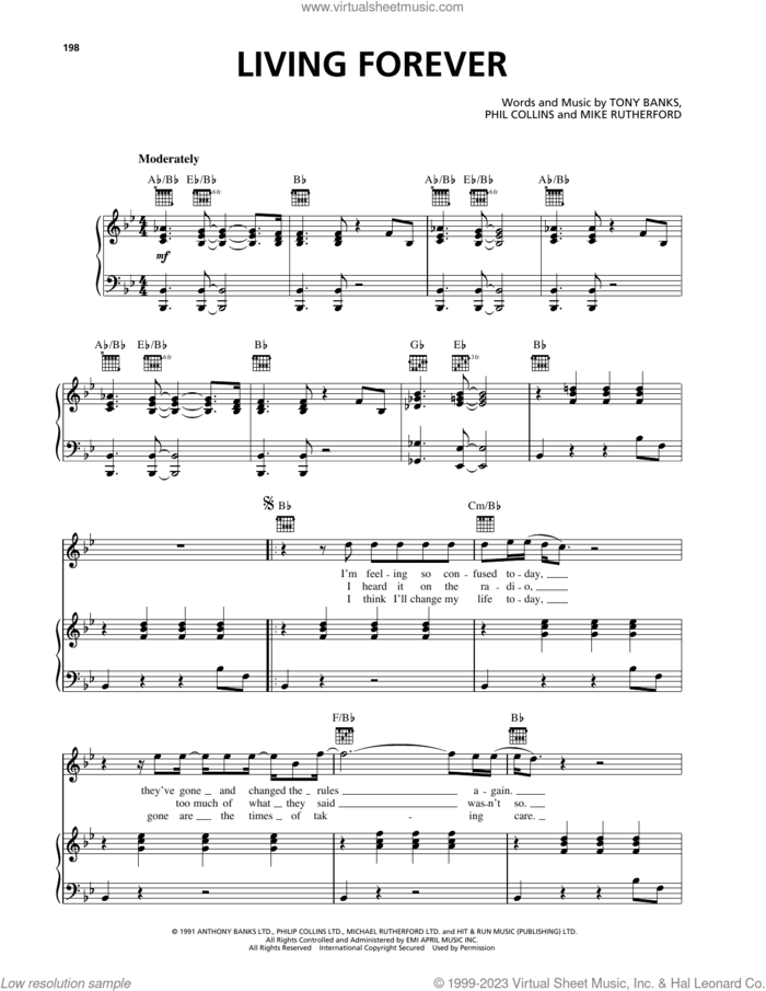 Living Forever sheet music for voice, piano or guitar by Genesis, Mike Rutherford, Phil Collins and Tony Banks, intermediate skill level