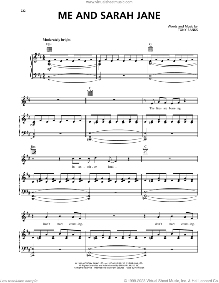 Me And Sarah Jane sheet music for voice, piano or guitar by Genesis and Tony Banks, intermediate skill level