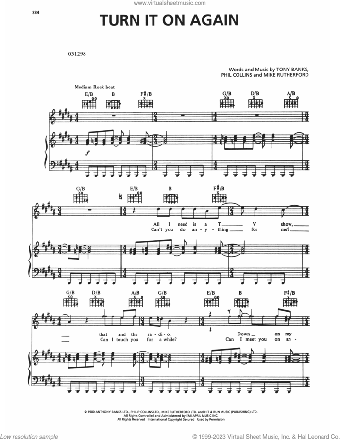 Turn It On Again sheet music for voice, piano or guitar by Genesis, Mike Rutherford, Phil Collins and Tony Banks, intermediate skill level