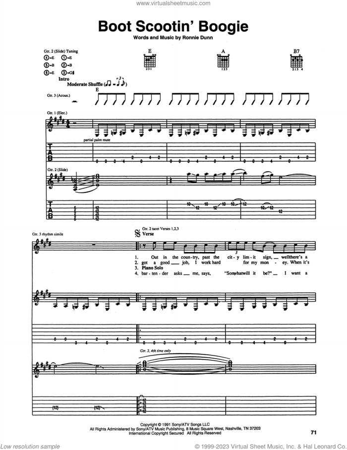 Boot Scootin' Boogie sheet music for guitar (tablature) by Brooks & Dunn and Ronnie Dunn, intermediate skill level