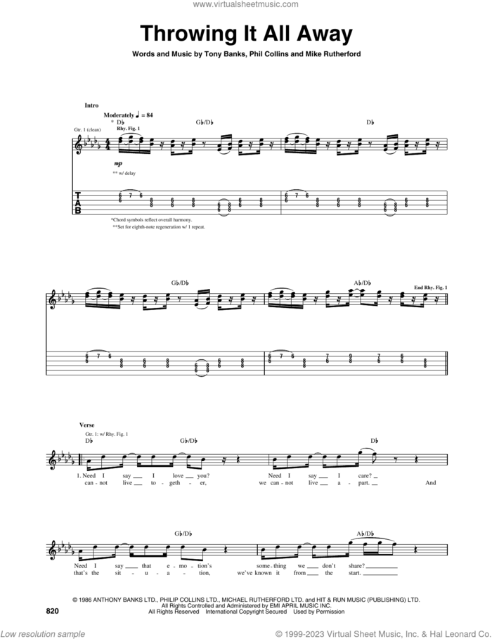 Throwing It All Away sheet music for guitar (tablature) by Genesis, Mike Rutherford, Phil Collins and Tony Banks, intermediate skill level