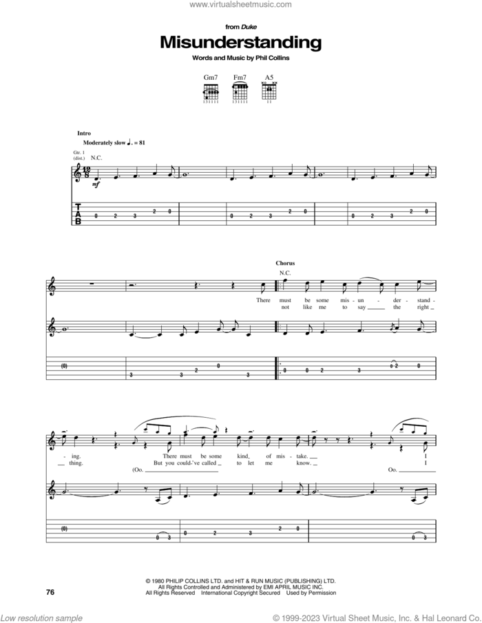 Misunderstanding sheet music for guitar (tablature) by Genesis and Phil Collins, intermediate skill level