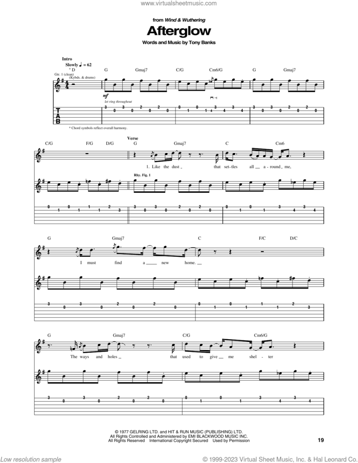 Afterglow sheet music for guitar (tablature) by Genesis and Tony Banks, intermediate skill level