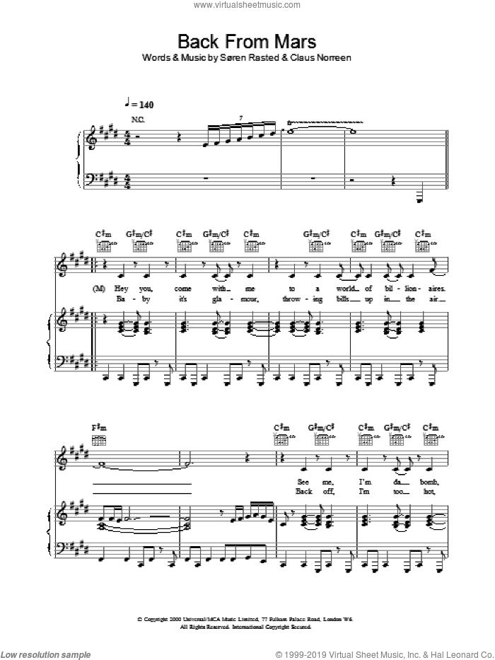 Back From Mars sheet music for voice, piano or guitar by Aqua, intermediate skill level