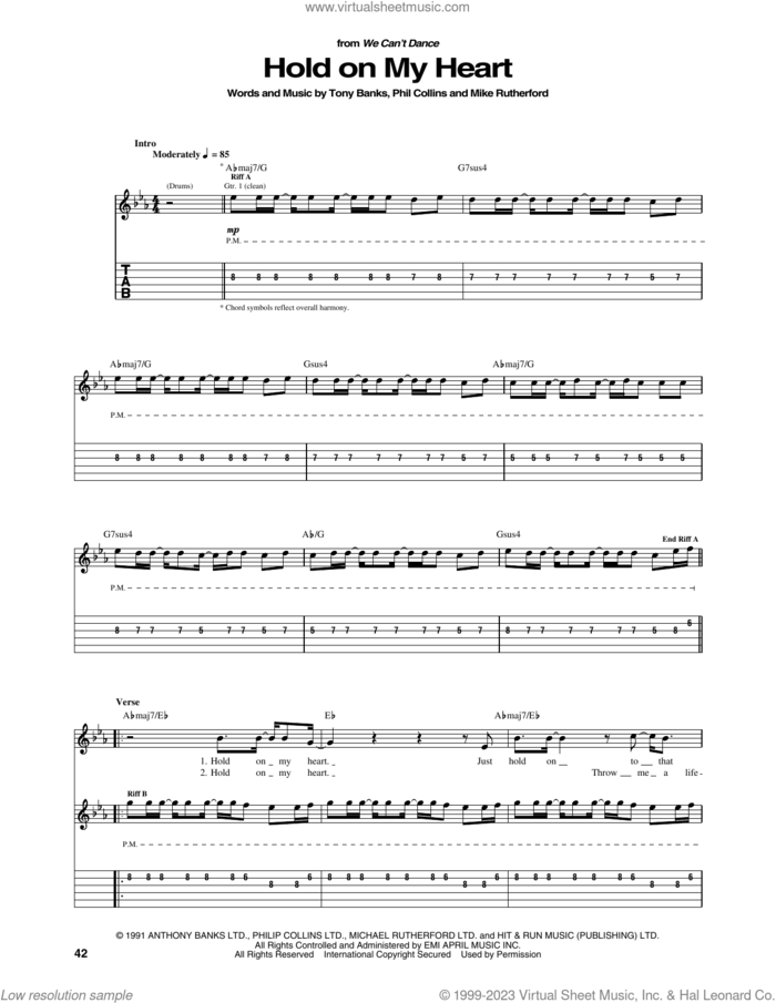 Hold On My Heart sheet music for guitar (tablature) by Genesis, Mike Rutherford, Phil Collins and Tony Banks, intermediate skill level