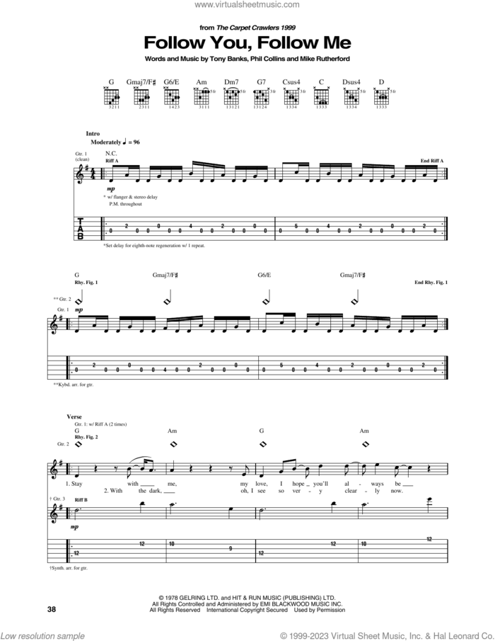 Follow You, Follow Me sheet music for guitar (tablature) by Genesis, Mike Rutherford, Phil Collins and Tony Banks, intermediate skill level