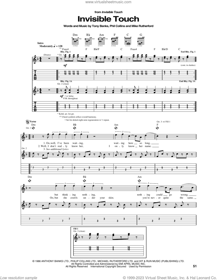 Invisible Touch sheet music for guitar (tablature) by Genesis, Anthony George Banks, Michael Rutherford and Phil Collins, intermediate skill level