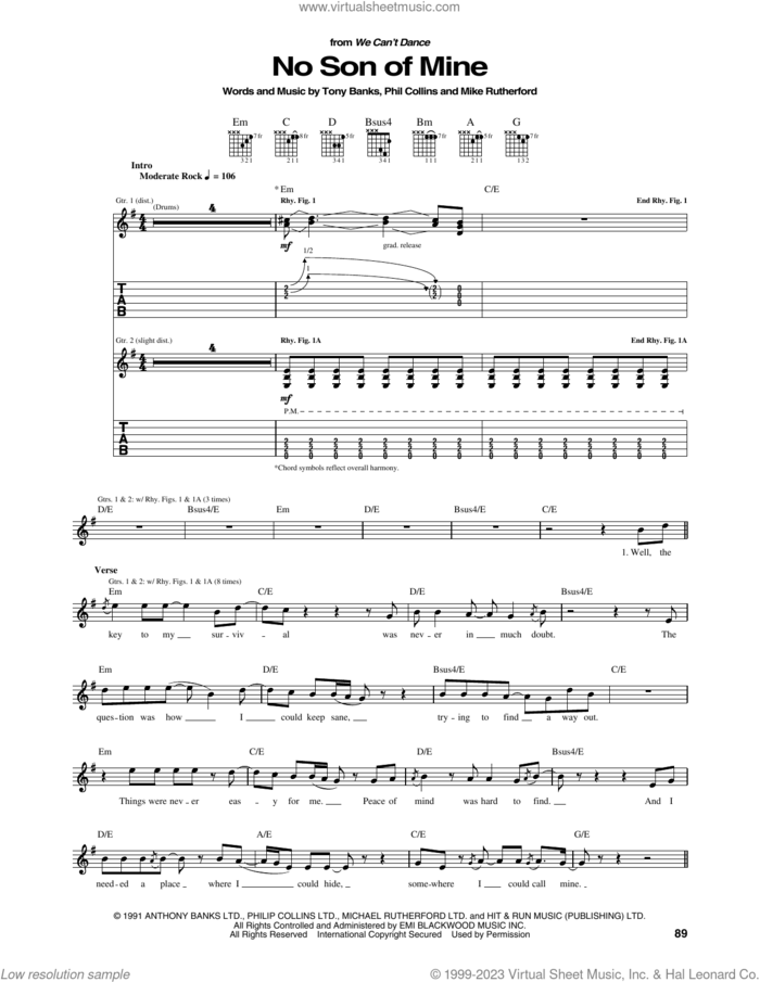 No Son Of Mine sheet music for guitar (tablature) by Genesis, Mike Rutherford, Phil Collins and Tony Banks, intermediate skill level