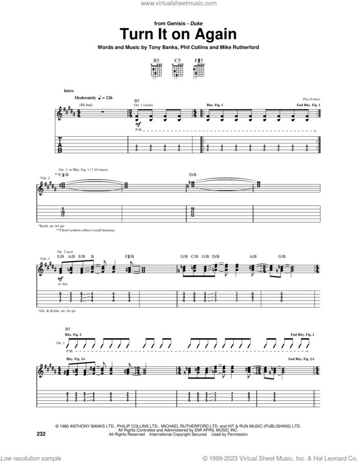Turn It On Again sheet music for guitar (tablature) by Genesis, Mike Rutherford, Phil Collins and Tony Banks, intermediate skill level