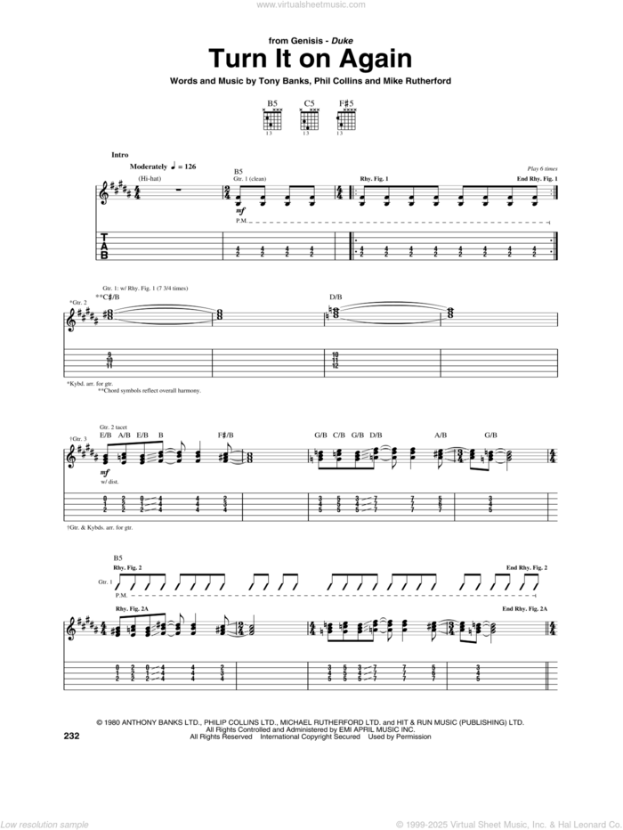 Turn It On Again sheet music for guitar (tablature) by Genesis, Mike Rutherford, Phil Collins and Tony Banks, intermediate skill level