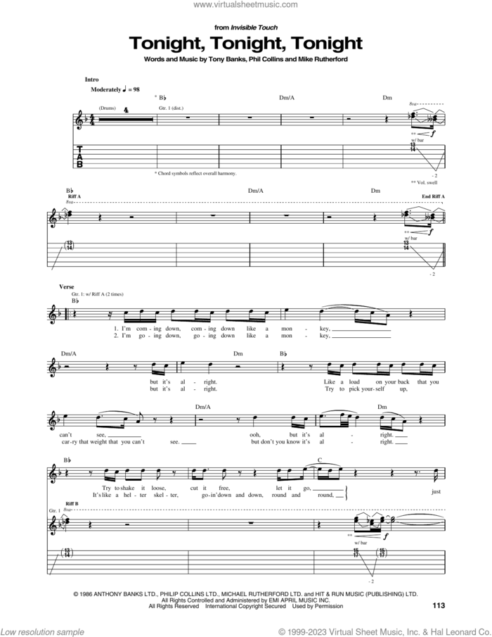Tonight, Tonight, Tonight sheet music for guitar (tablature) by Genesis, Mike Rutherford, Phil Collins and Tony Banks, intermediate skill level