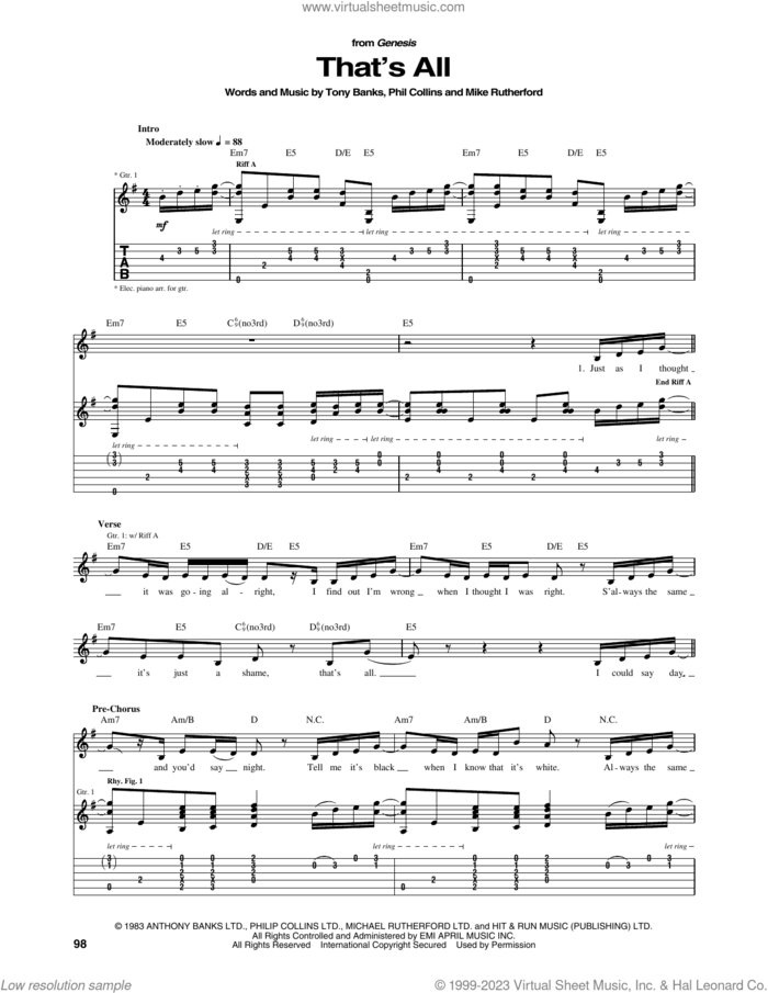 That's All sheet music for guitar (tablature) by Genesis, Mike Rutherford, Phil Collins and Tony Banks, intermediate skill level