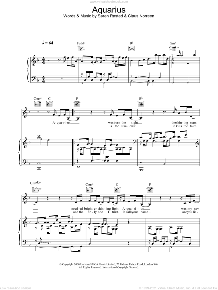 Aquarius sheet music for voice, piano or guitar by Aqua, intermediate skill level