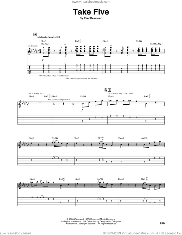 Take Five sheet music for guitar (tablature) by Dave Brubeck and Paul Desmond, intermediate skill level