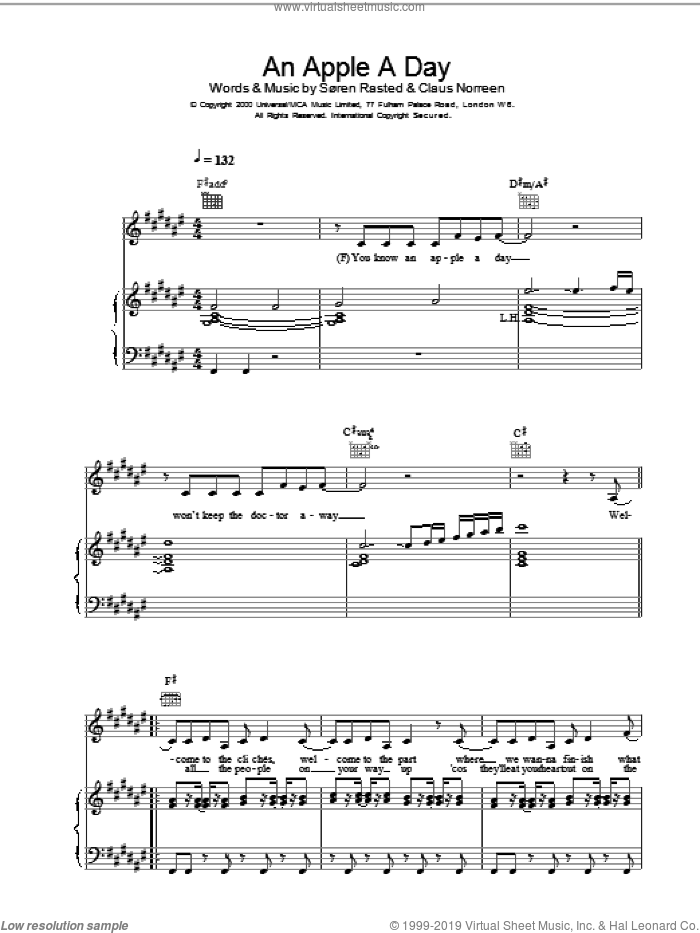 An Apple A Day sheet music for voice, piano or guitar by Aqua, intermediate skill level