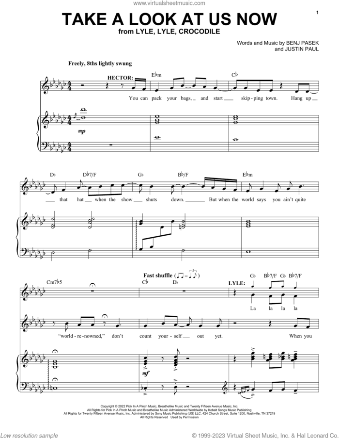 Take A Look At Us Now (from Lyle, Lyle, Crocodile) sheet music for voice and piano by Pasek & Paul, Javier Bardem, Shawn Mendes, Benj Pasek and Justin Paul, intermediate skill level