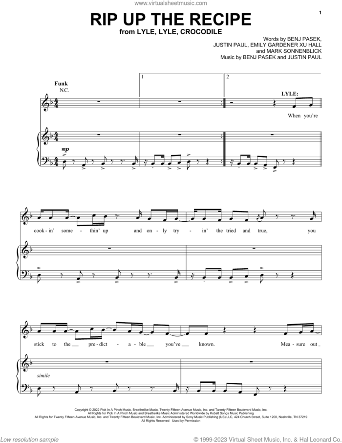 Rip Up The Recipe (from Lyle, Lyle, Crocodile) sheet music for voice and piano by Pasek & Paul, Constance Wu, Shawn Mendes, Benj Pasek, Emily Gardner Xu Hall, Justin Paul and Mark Sonnenblick, intermediate skill level