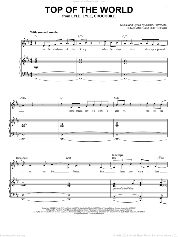 Top Of The World (from Lyle, Lyle, Crocodile) sheet music for voice and piano by Shawn Mendes, Benj Pasek, Joriah Kwame and Justin Paul, intermediate skill level