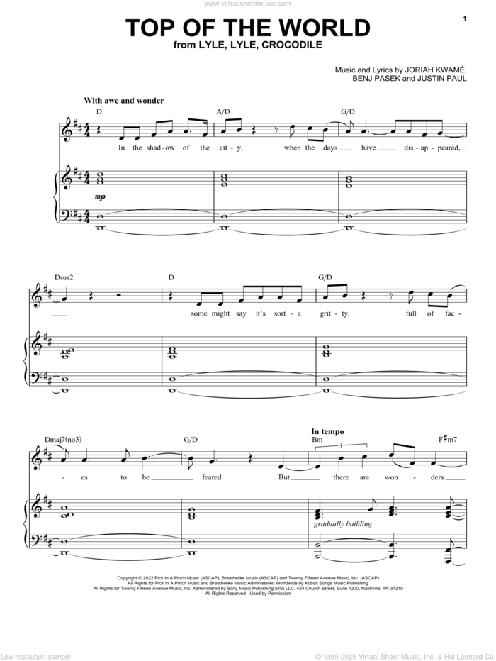 Top Of The World (from Lyle, Lyle, Crocodile) sheet music for voice and piano by Shawn Mendes, Benj Pasek, Joriah Kwame and Justin Paul, intermediate skill level