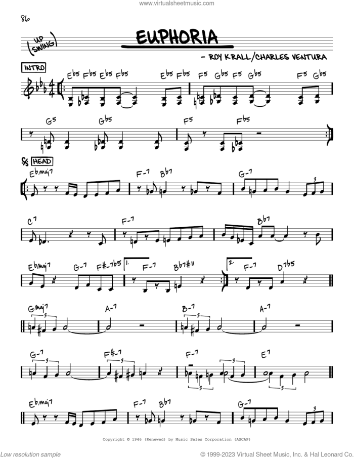 Euphoria sheet music for voice and other instruments (real book) by Charles Ventura and Roy Krall, intermediate skill level