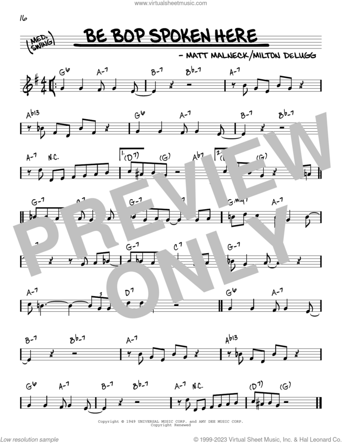 Be Bop Spoken Here sheet music for voice and other instruments (real book) by Matt Malneck and Milton DeLugg, intermediate skill level