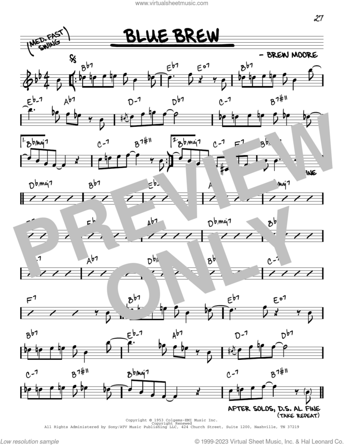 Blue Brew sheet music for voice and other instruments (real book) by Brew Moore, intermediate skill level