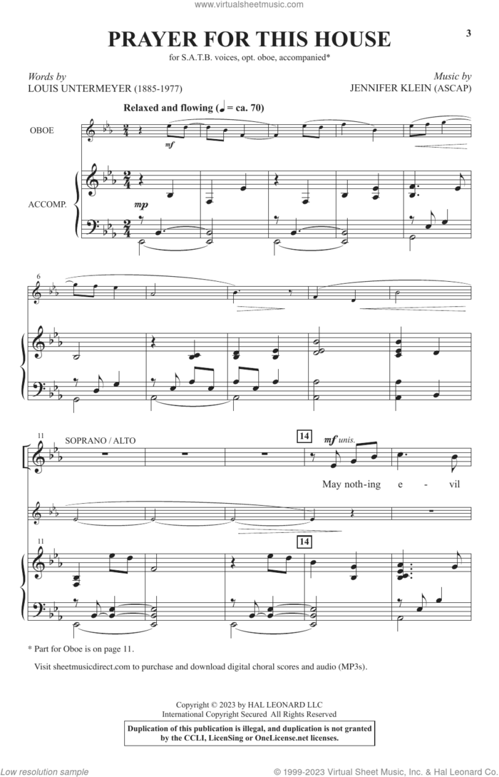 Prayer For This House sheet music for choir (SATB: soprano, alto, tenor, bass) by Jennifer Klein and Louis Untermeyer, intermediate skill level