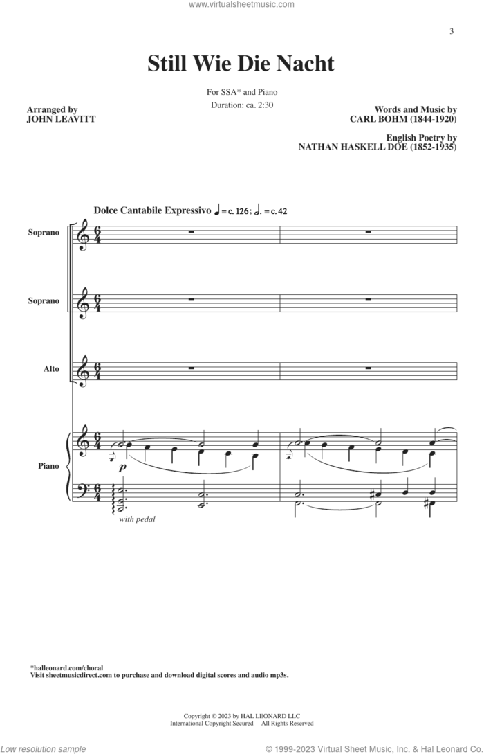 Still Wie Die Nacht (Calm As The Night) (arr. John Leavitt) sheet music for choir (SSA: soprano, alto) by Bohm, Carl, John Leavitt and Carl Bohm, intermediate skill level