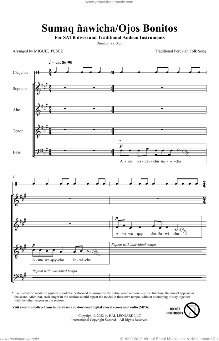 Sumaq A�awicha/Ojos Bonitos (arr. Miguel Pesce) sheet music for choir (SATB Divisi) by Traditional Peruvian Folk Song and Miguel Pesce, intermediate skill level