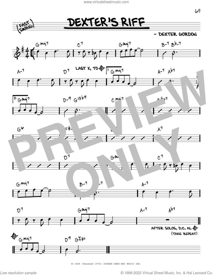 Dexter's Riff sheet music for voice and other instruments (real book) by Dexter Gordon, intermediate skill level