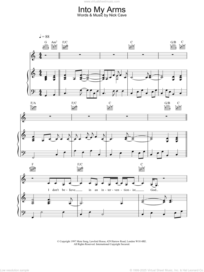 Into My Arms sheet music for voice, piano or guitar by Nick Cave, intermediate skill level