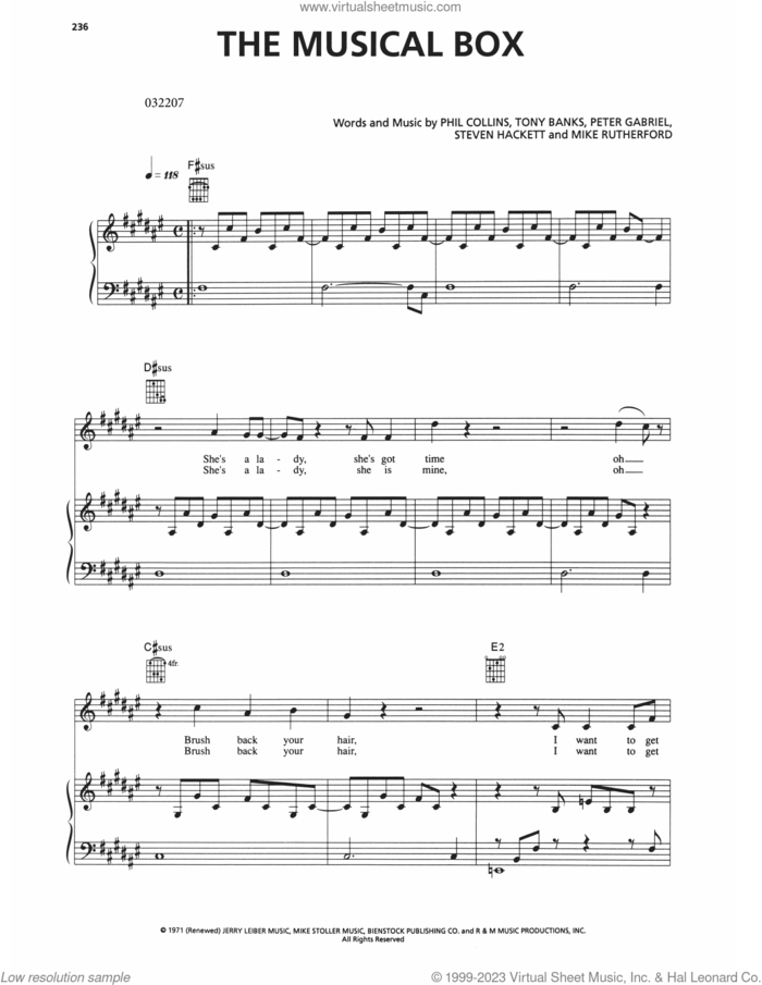 The Musical Box sheet music for voice, piano or guitar by Genesis, Mike Rutherford, Peter Gabriel, Phil Collins, Steven Hackett and Tony Banks, intermediate skill level