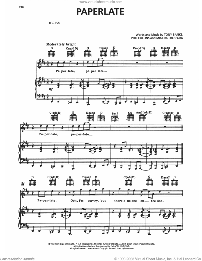 Paperlate sheet music for voice, piano or guitar by Genesis, Mike Rutherford, Phil Collins and Tony Banks, intermediate skill level
