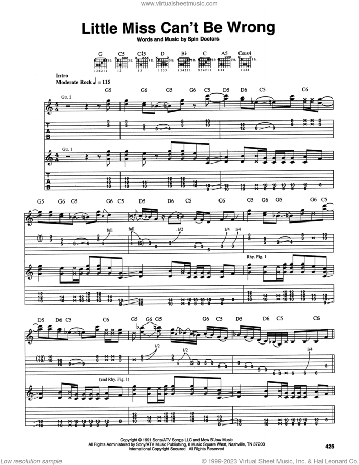 Little Miss Can't Be Wrong sheet music for guitar (tablature) by Spin Doctors, intermediate skill level