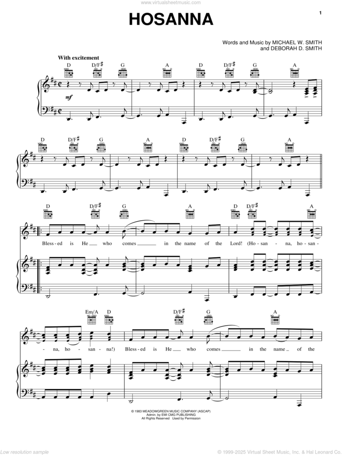 Hosanna sheet music for voice, piano or guitar by Michael W. Smith and Deborah D. Smith, intermediate skill level