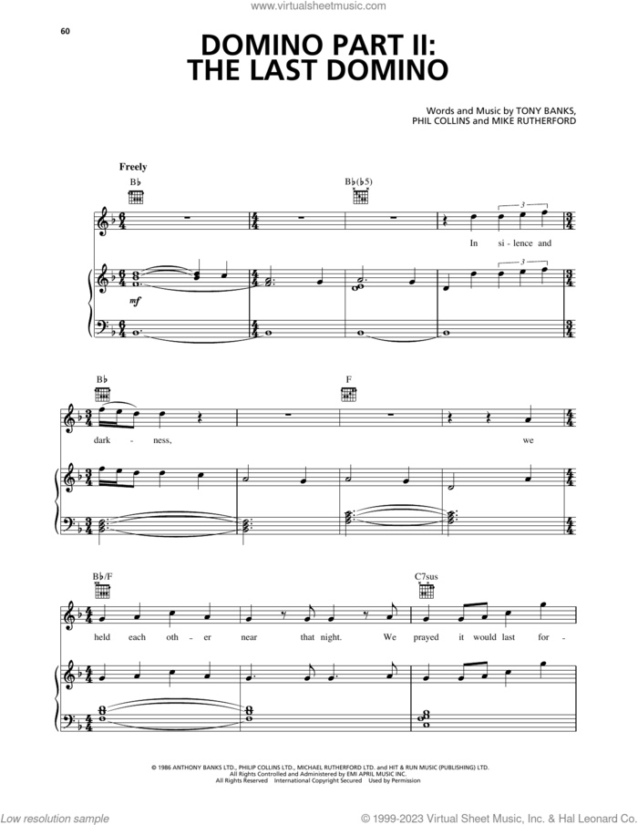 Domino Part II: The Last Domino sheet music for voice, piano or guitar by Genesis, Mike Rutherford, Phil Collins and Tony Banks, intermediate skill level