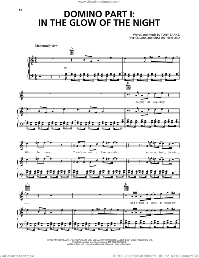 Domino Part I: In The Glow Of The Night sheet music for voice, piano or guitar by Genesis, Mike Rutherford, Phil Collins and Tony Banks, intermediate skill level